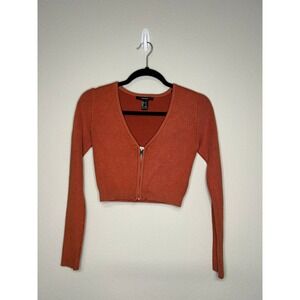 Forever 21 Rust Orange Ribbed Zip Front Cropped Cardigan Sweater Size Small